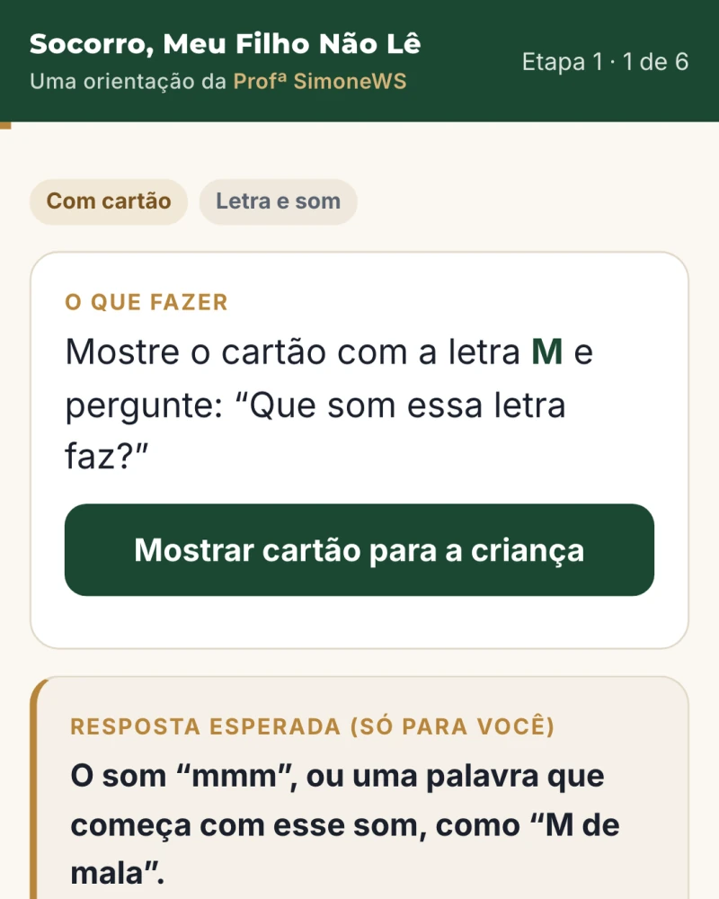 Tela de uma atividade da observação com a instrução para a mãe: mostre o cartão com a letra M e pergunte que som essa letra faz