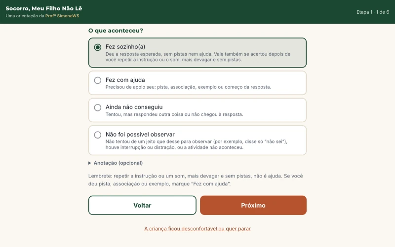 Quiz de observação no computador: tela O que aconteceu?, com a opção Fez sozinho(a) marcada